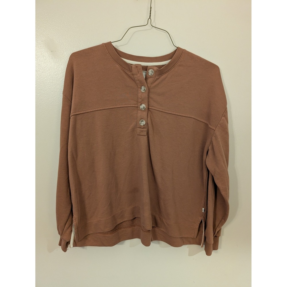Lou & Grey Brown Henley Sweatshirt French Terry Button Neck Top Medium